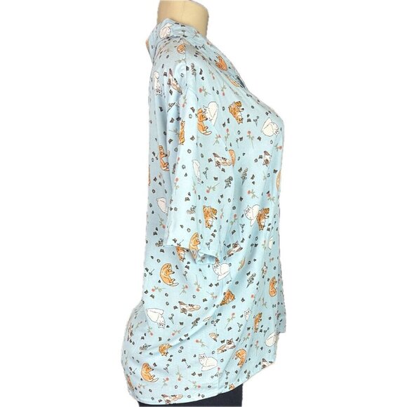 Ed Ellen Degeneres L Cat Floral Print Button Short Sleeve Top-Ankle Pants PJ Set - Picture 4 of 11